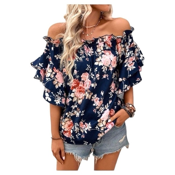 Tops - Navy Blue and Pink Ruffle Off Shoulder Flounce Sleeve Floral Blouse Large NWOT